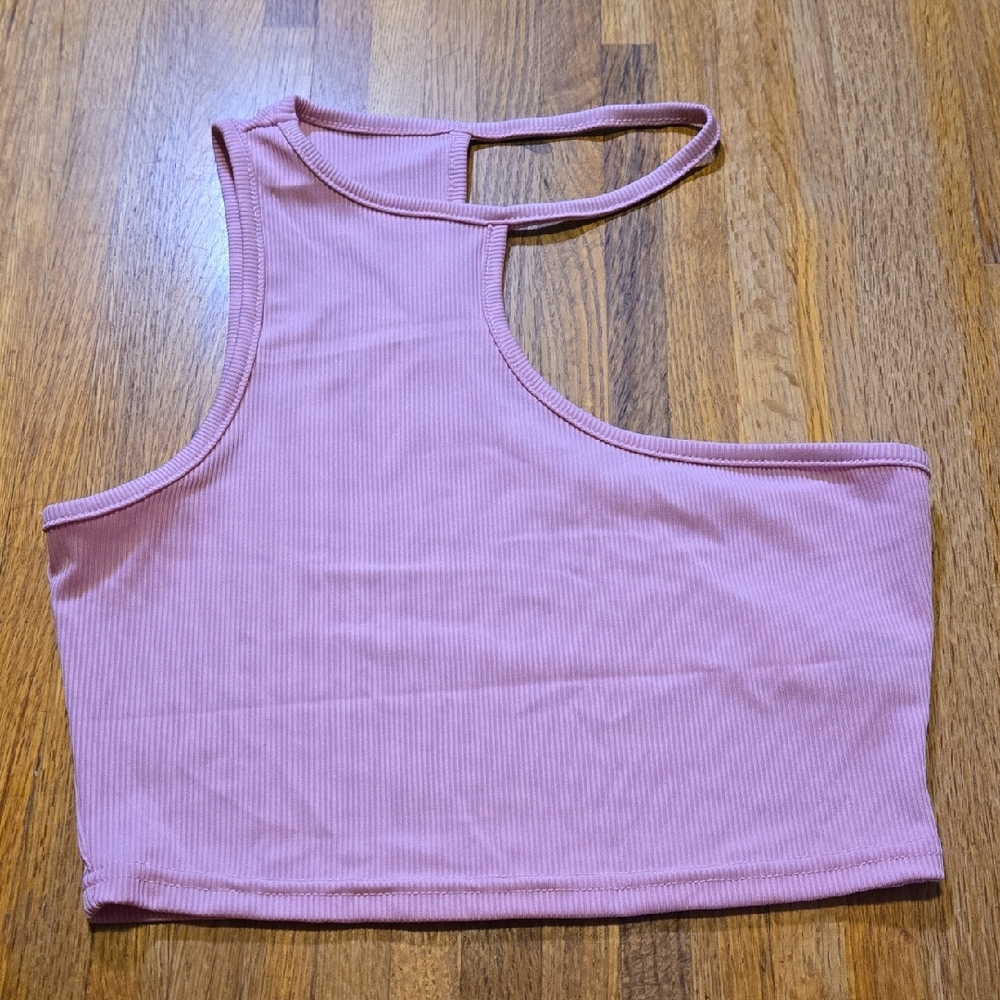 SHEIN Women SM Pink Ribbed Asymmetrical One Shoulder Halter‎ Spaghetti Crop Top